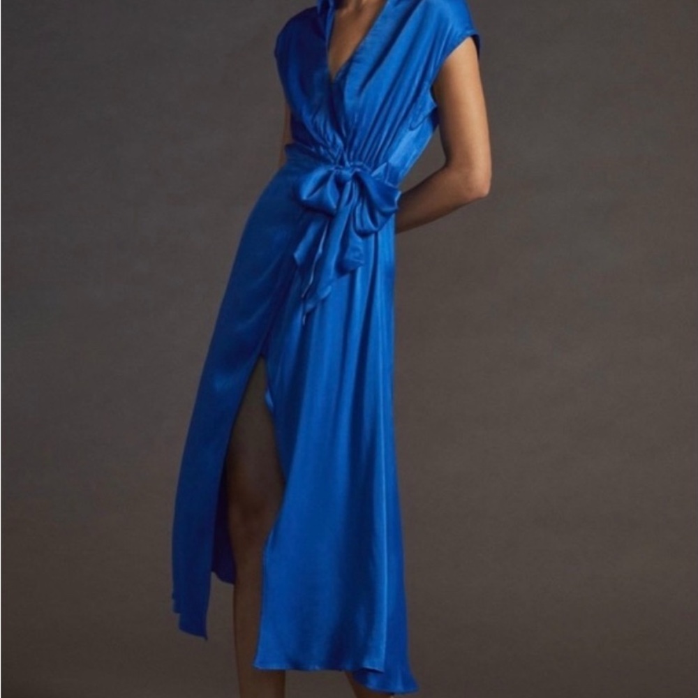 Blue Anthropologie faux wrap dress with back cutout